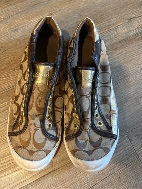 Coach Monogram Slip-On Sneakers in Brown and Metallic Gold